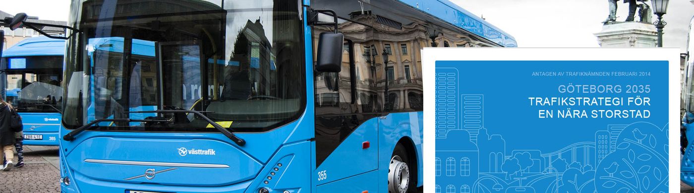 foto av blå elbuss med broschyren trafikstrategi infälld i bilden