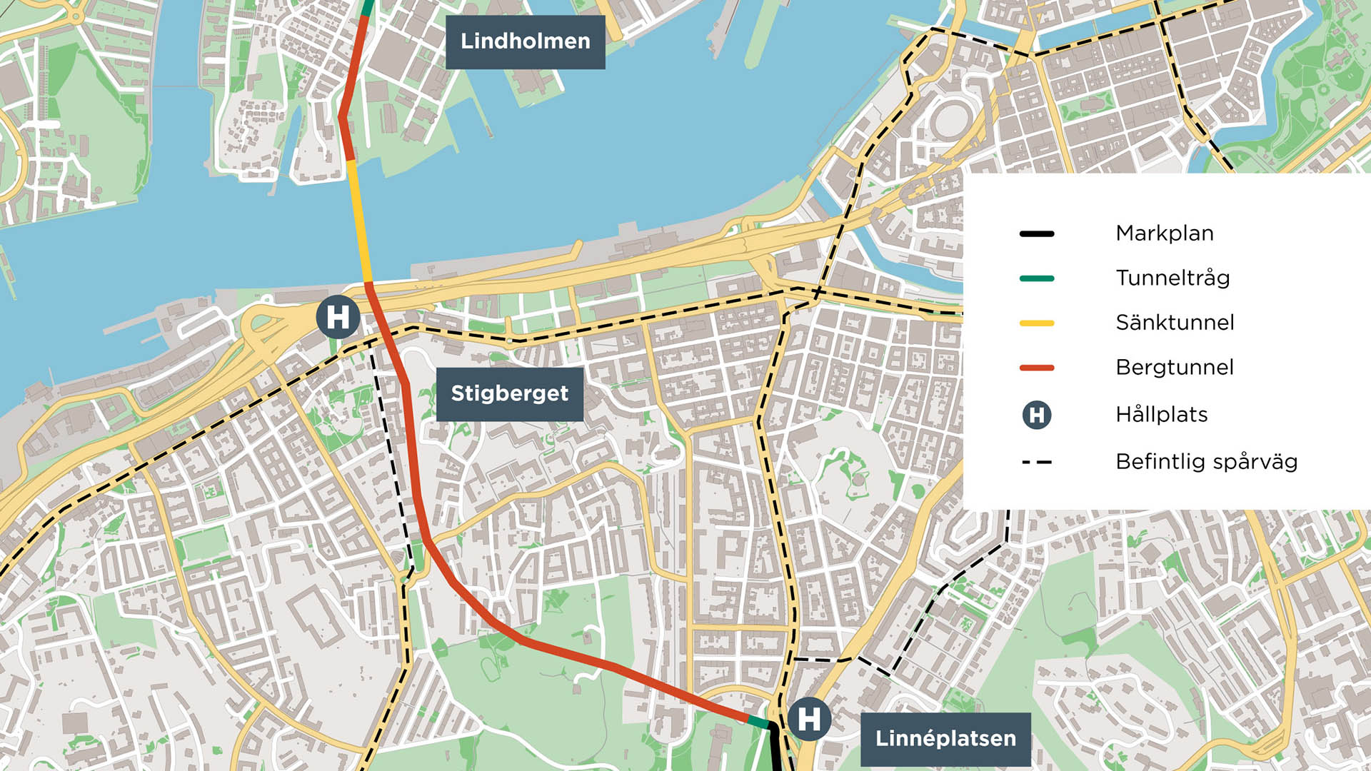 kartbild som visar hur sträckningen för spårväg drras under vattenytan mellan lindholmen och linnéplatsen