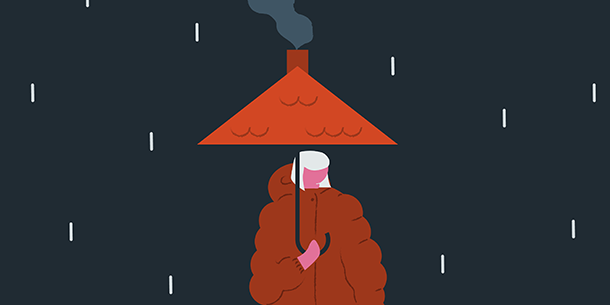 Illustration med en person som har ett hustak som paraply