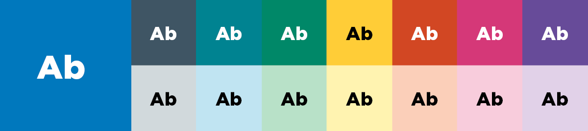 Färgpalett som visar hur svart respektive vit textfärg ska användas mot färgerna i Göteborgs Stads grafiska profil.