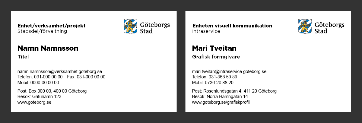 Exempel på mall och visitkort med kontaktuppgifter.