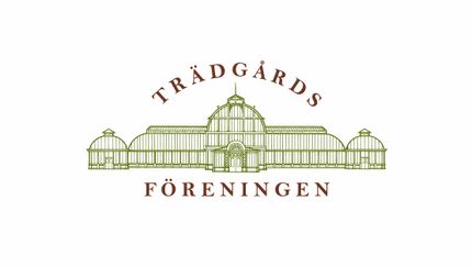 Trädgårdsföreningens logotyp, en illustration av Palmhuset i grönt med Trädgårdsföreningen i röd text.
