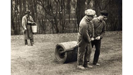 Äldre foto i sepiaton, tre arbetar med marken.