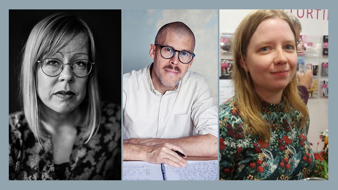 Elise Ingvarsson, David Norlin och Helena Fagertun är årets mottagare av Göteborgs Stads författarstipendium. Foto: Carla Orrego Veliz, Sara Gust och Patrik Tornéus.
