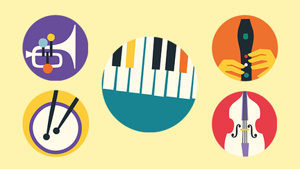 Illustration i många färger med olika musikinstrument.