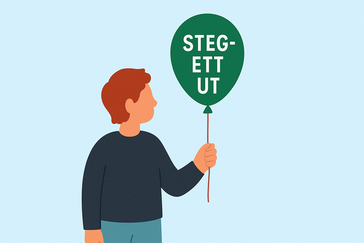 En person håller i en ballong med texten Steg-ett ut