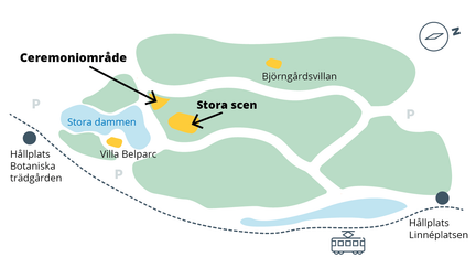 En illustration över Slottsskogen och vart ceremoniområdet och stora scenen är placerade. 
