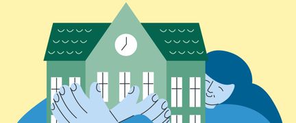 Illust6ration som visar en person som kramar en byggnad