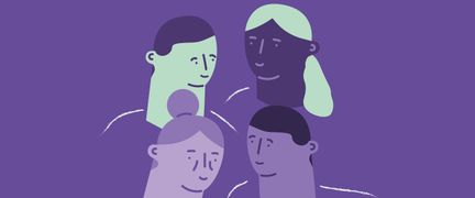 Illustration som visar 4 personer på lila bakgrun