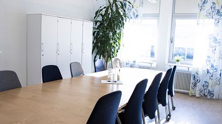 Ett långt konferensbord med stolar, ljusinsläpp från ett fönster.