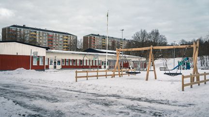 Ett par gungor framför Tretjärnsskolan med några byggnader i bakgrunden.