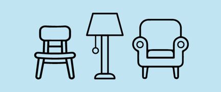En stol, en lampa och en fåtölj. Illustration.