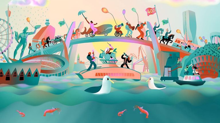 Illustrationsbild över Göteborgs jubileumsfriande med starka färger, älvsnabben, bron och många människor