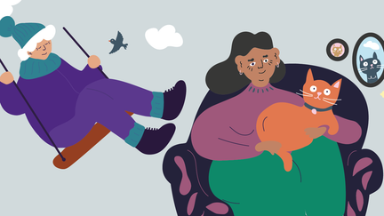 Illustration: Äldre kvinna som sitter i en fåtölj med en katt i knät.