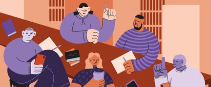 Illustration med personer i möte som arbetar i grupp. 