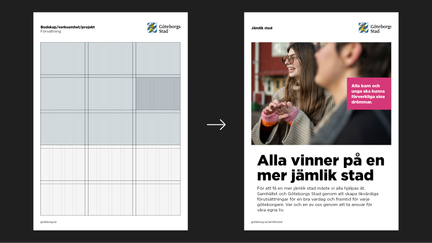 En tom affischmall med synligt designsystem bredvid en affisch med innehåll inlagt.