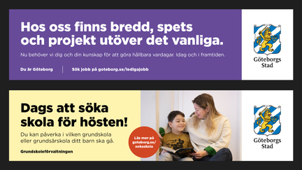 Exempel på annonser på streamers på spårvagnar, men text på färgad bakgrund tillsammans med foto.