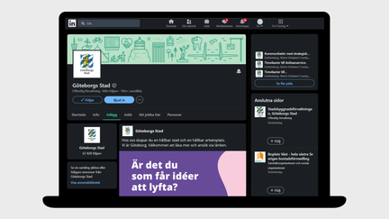 Exempel på Linkedin i desktop-läge där en illustration av stadssiluett syns som omslagsbild, Göteborgs Stads logotyp som profilbild.