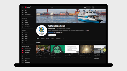 Exempel på Youtube i desktop-läge där ett foto av en färja syns som omslagsbild, Göteborgs Stads logotyp som profilbild.