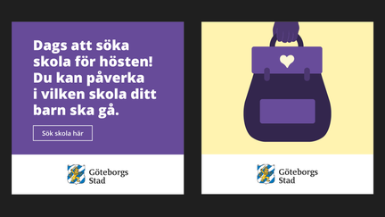 Exempel på  kvadratiska webbannonser, banners med text på färgad bakgrund tillsammans med illustration.