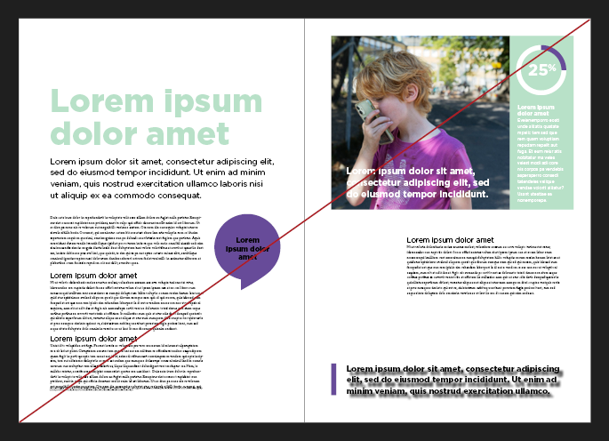 Exempel p&aring; ett uppslag med text anv&auml;nt p&aring; fel s&auml;tt, till exempel f&auml;rgad text med effekter.