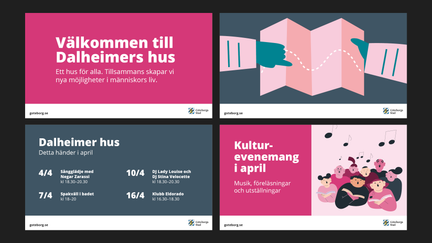 Exempel på liggande digital skärm med text, illustration, schema och foto.