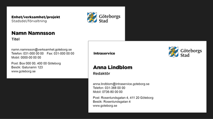 Exempel på en mall för visitkort bredvid ett visitkort med innehåll och logotyp.