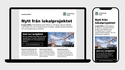 Exempel på nyhetsbrev på desktop och i mobil, med text och foto.