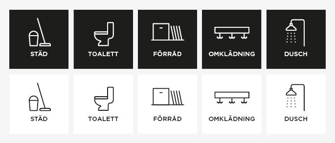 Exempel p&aring; n&aring;gra av G&ouml;teborgs Stads piktogram tillsammans med text under.