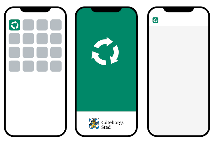 Exempel som visar en app-ikon f&ouml;r &aring;tervinning placerad i tre storlekar p&aring; en mobil.