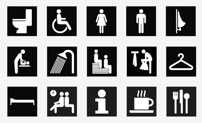 Ett urval av piktogram enligt svensk standard, exempelvis f&ouml;r toalett, information och bastu.