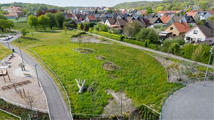 Översiktsbild på Fjärdingsparken med hus i bakgrunden.