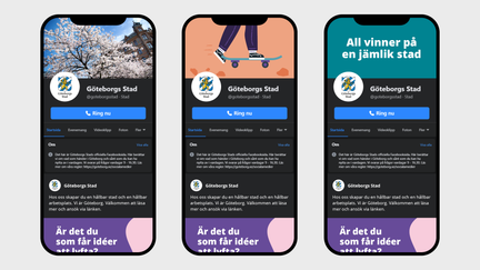 Exempel på ett foto, en illustration eller text som omslagsbild och Göteborgs Stads logotyp som profilbild i sociala medier i mobil.