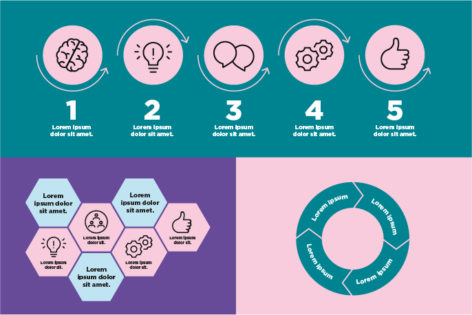 Exempel p&aring; olika infografik: processer med pilar och ikoner och hexagoner med text och ikoner.