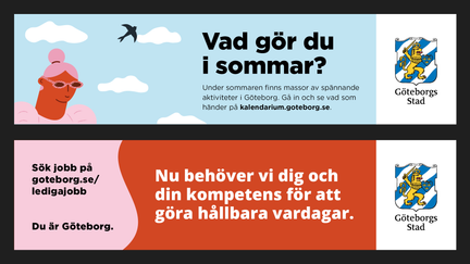 Exempel på annonser på streamers på spårvagnar, men text på färgad bakgrund tillsammans med illustration.