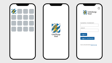 Exempel på avsändare i form av Göteborgs Stads logotyp som app-ikon och på startsida för app.