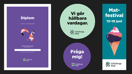 Exempel på profilprodukterna diplom, badges och evenemangsvepa i komplementfärger och med illustrationer.