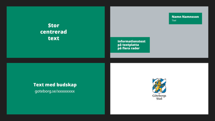 Exempel på mall för textplattor med vit text på grön bakgrund samt logotyp som slutbild.