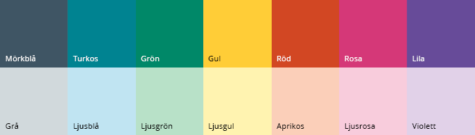 F&auml;rgrutor som visar G&ouml;teborgs Stads fjorton komplementf&auml;rger.