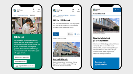 Exempel på sidor från goteborg.se med stadens färger, logotyp, bilder och typsnitt i mobilläge. 