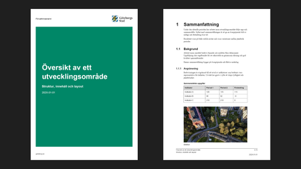 Exempel på framsida och insida av en rapport gjord i Word. Framsidan består av titeln på en turkos platta och insidan av rubriker, text och tabell..