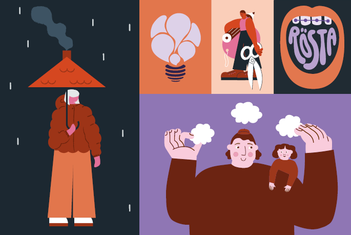 Illustrationer gjorda i det k&auml;nsloskapande man&eacute;ret: En person med ett tak som paraply, en vuxen med ett barn p&aring; axeln, en gl&ouml;dlampa, en person med en stor sax och en mun med ordet r&ouml;sta i.