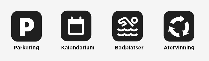 Exempel p&aring; appikoner f&ouml;r parkering: ett stort P, kalendarium: en kalender, badplatser: en person som simmar och &aring;tervinnlig: tre pilar i en cirkel.