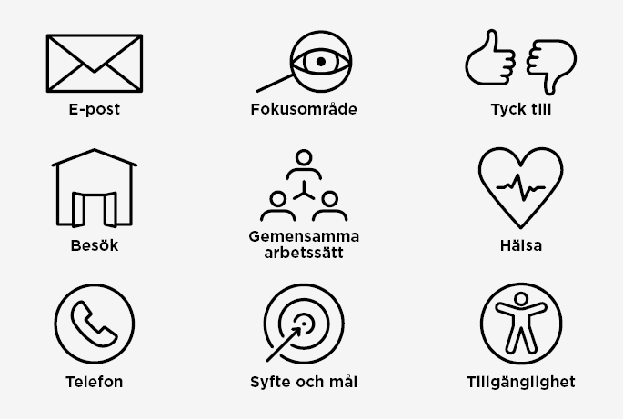 Ett urval av ikoner f&ouml;r kommunikationsmaterial, f&ouml;r e-post, fokusomr&aring;de, tyck till, bes&ouml;k, gemensamma arbetss&auml;tt, h&auml;lsa, telefon, syfte och tillg&auml;nglighet.