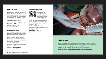 Exempel på inlagan i en kvadratisk broschyr, med text och foto.