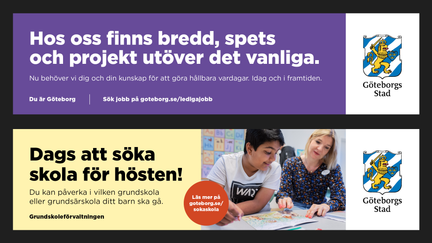 Exempel på annonser på streamers på spårvagnar, men text på färgad bakgrund tillsammans med foto.