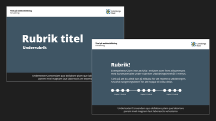 Exempel på mall för titelsida och meny i en webbutbildning för desktop. Vit text på mörk bakgrundsfärg.