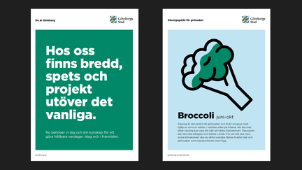 Exempel på affischer med text på färgad platta och illustration tillsammans med text.