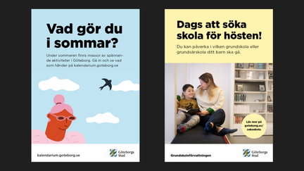 Exempel på stadsinfotavlor med rubriker och kort text tillsammans med illustration respektive foto.