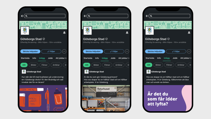 Exempel på Linkedin i mobil-läge där en illustration av stadssiluett syns som omslagsbild, Göteborgs Stads logotyp som profilbild.